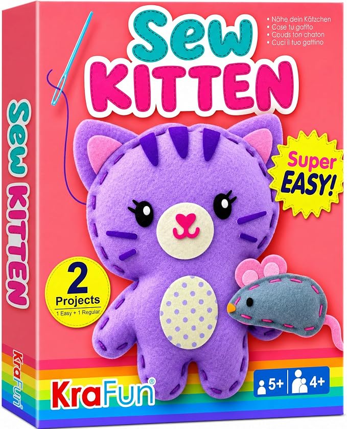 KRAFUN Beginner Sewing Kit, Sew Kitten & Mouse, Pre-Cut Felt, Kids Ages 5+ | by FunCreativeArtsCraftKits
