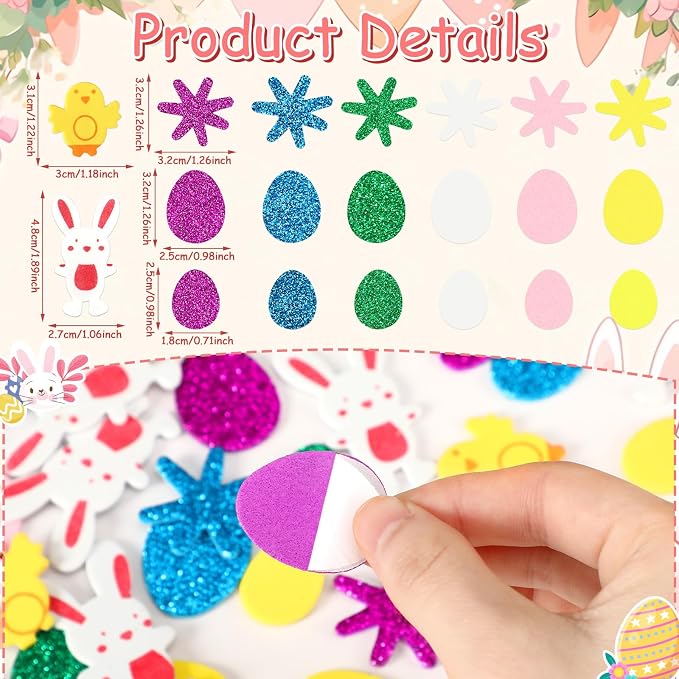 600Pcs Easter Foam Stickers Glitter Bunny Eggs Chick Stickers | Self-Adhesive - Image 2