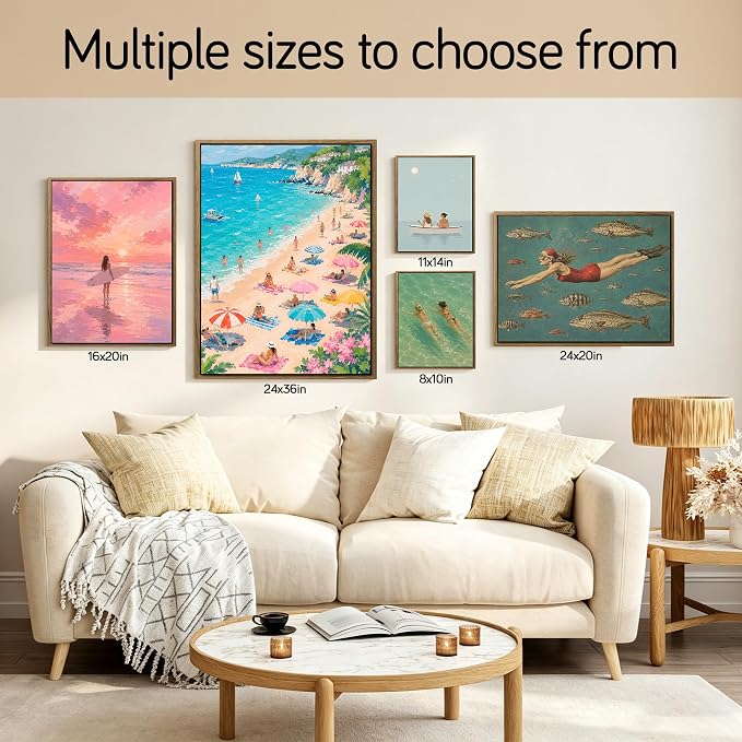 Framed Pink Sunset Surfer Girl Canvas Wall Art Soft Pastel Beach Seascape - Image 7