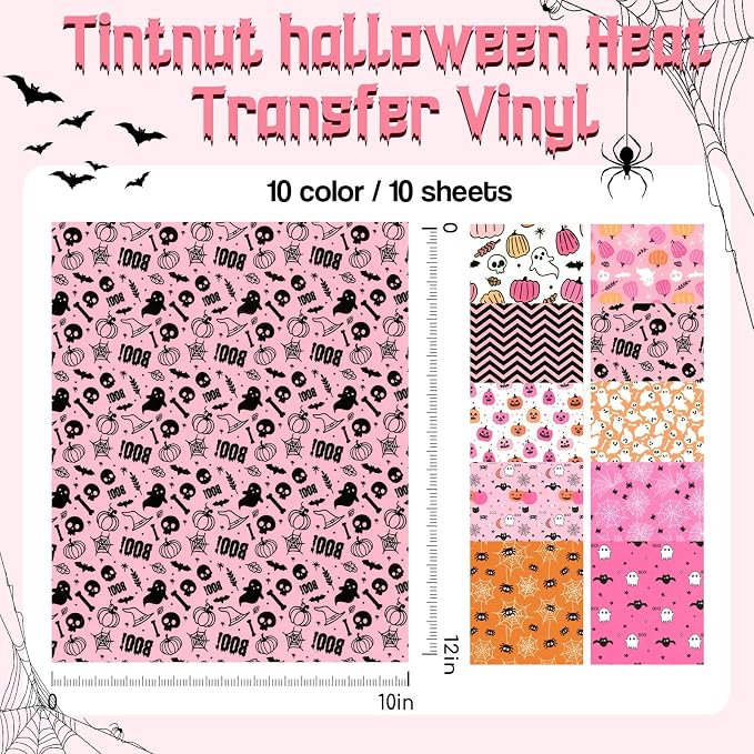 Tintnut Pink Halloween Heat Transfer Vinyl, pumpkins & bats patterned HTV - Image 2