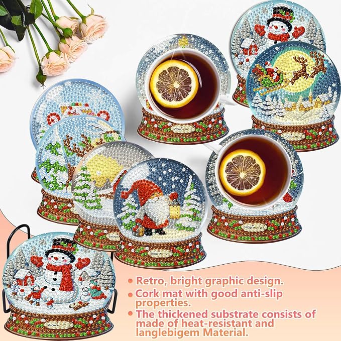 8 PCS Christmas Diamond Art Coasters Kits Snowball Diamond Painting Coaster | - Image 3