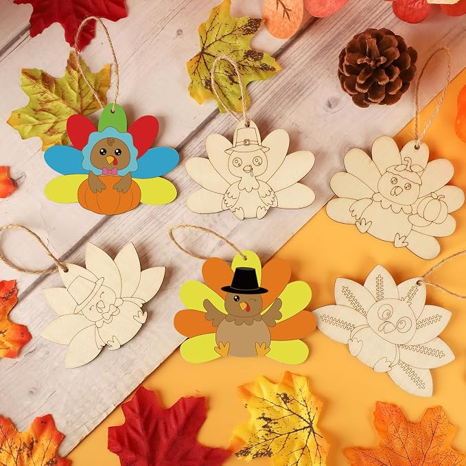 24 PCS Unfinished Wooden Thanksgiving Crafts, Turkey Shaped Hanging Ornaments - Image 3