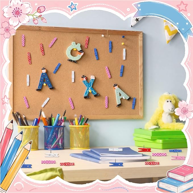 LemonRoad 60 Pcs Push Pin with Wooden Clips Teacher Cork Board Artworks - Image 4