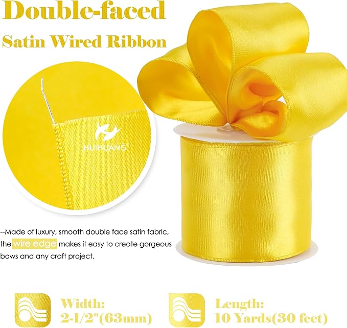 HUIHUANG Yellow Wired Ribbon 2.5 inch Yellow Satin Wire Edge Ribbon - Image 2