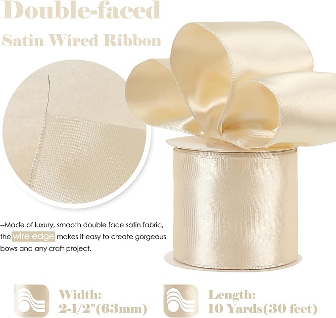 HUIHUANG Champagne Satin Wired Ribbon 2.5 inch Champagne Pink Wire Edge Ribbon - Image 2