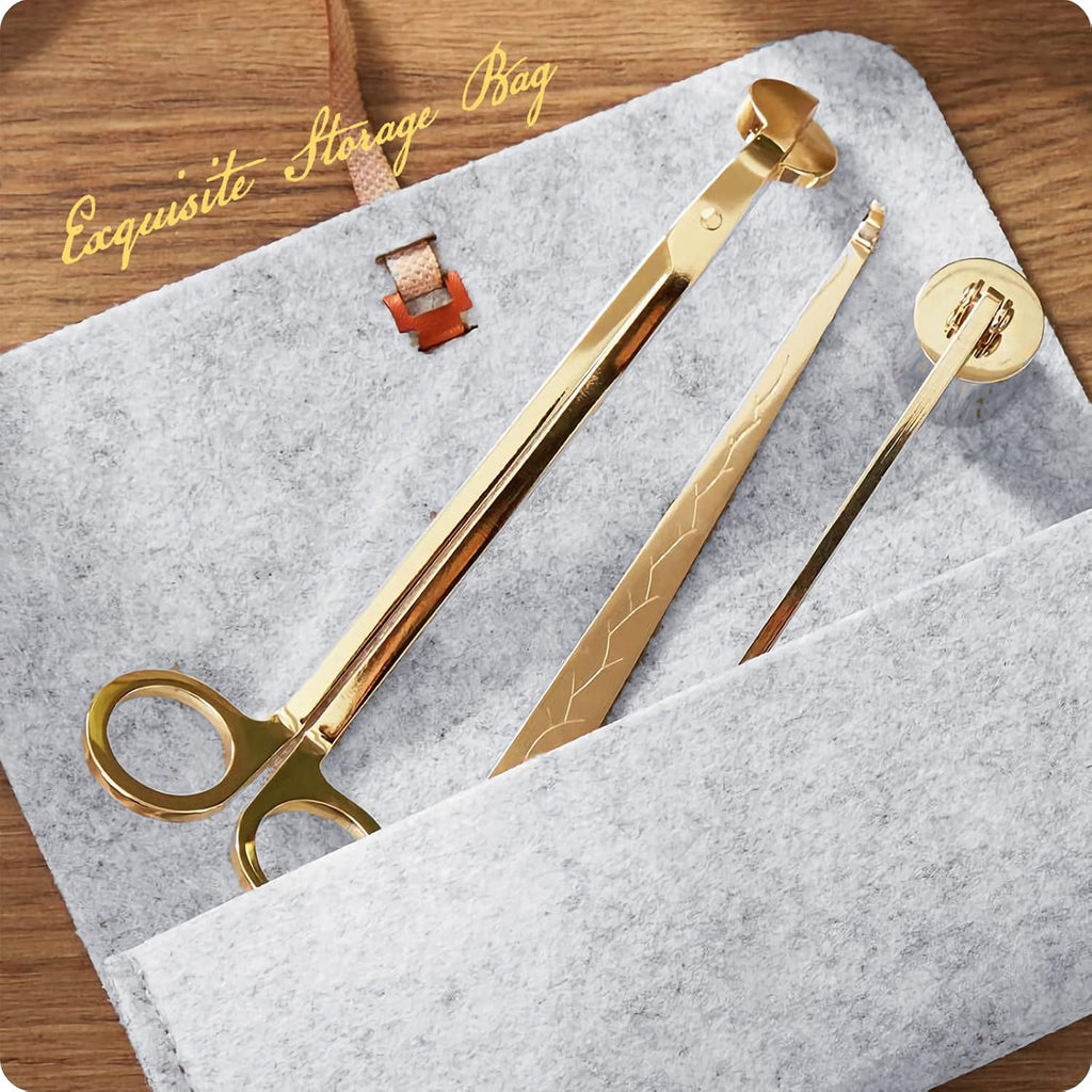 Exquisite Candle Accessories Tool Pack Bag, Rechargeable Electric Lighter， Wick Trimmer, Dipper, Snuffer and Tray Holder Elegant Kit Gift for Candle Lovers in Dating, Valentines Decor. ( Lemon Gold )