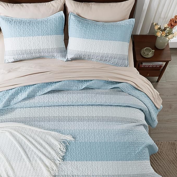 Andency Queen Quilt Bedding Set Aqua Blue, 3 Pieces Patchwork Summer Striped - Image 8