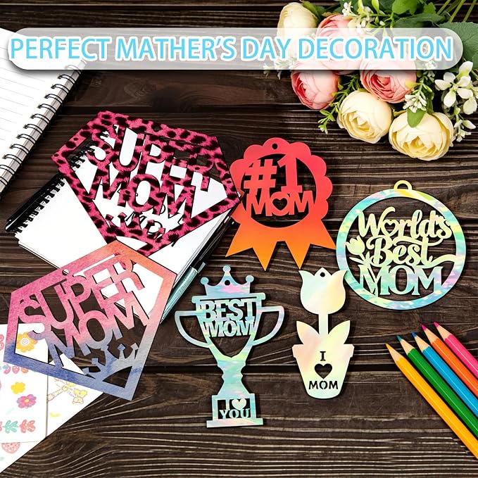Mom Gift 40Pcs 5 Style Unfinished Wooden Mother's Day Ornaments DIY Craft - Image 6