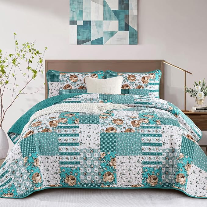 Anibedding Teal Quilt Set Queen Size Patchwork Floral Bedspread Coverlet by Anibedding