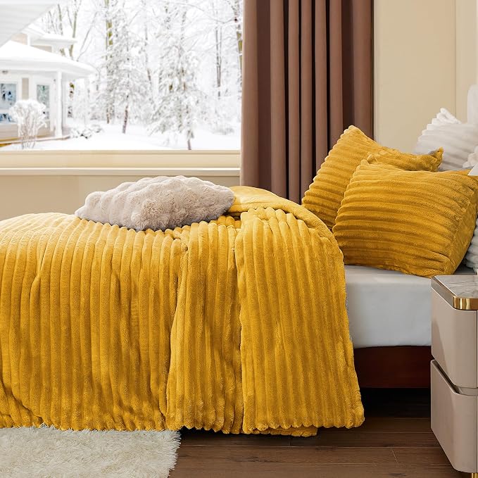 BEDELITE Fleece King Comforter Set -Super Soft & Warm Fluffy Mustard Yellow - Image 4
