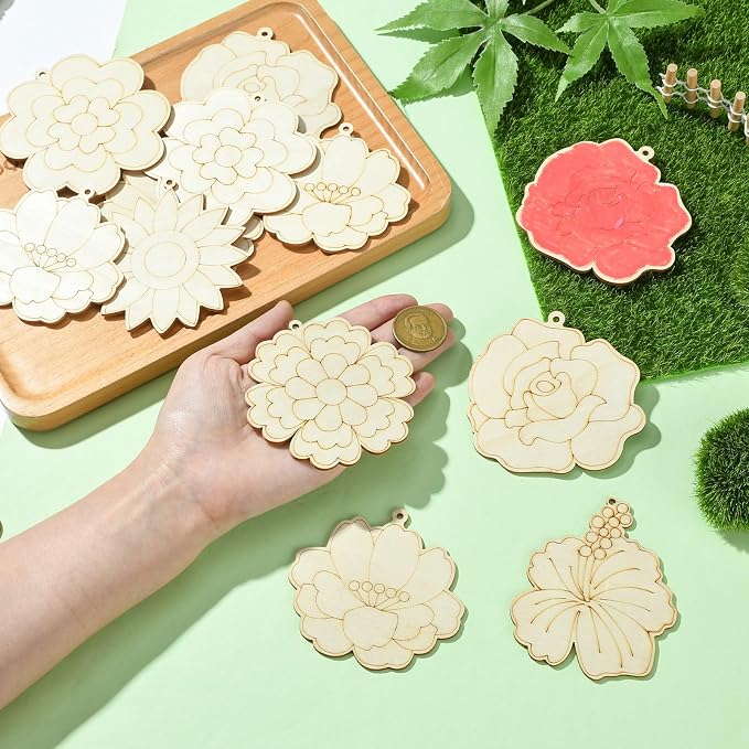 16 pcs Mixed Styles Cute Flower Theme Undyed Wood Cutout Charms Spring - Image 4