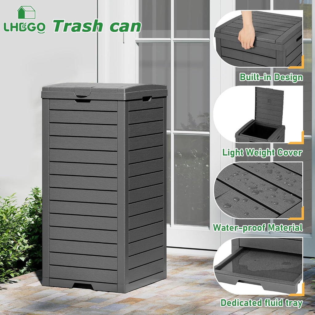 Outdoor Trash Can, 2 Set of 31 Gallon Garbage Can with Tiered Lid and Drip Tray, Waterproof Resin Patio Waste Bin for Garden, Backyard, Deck