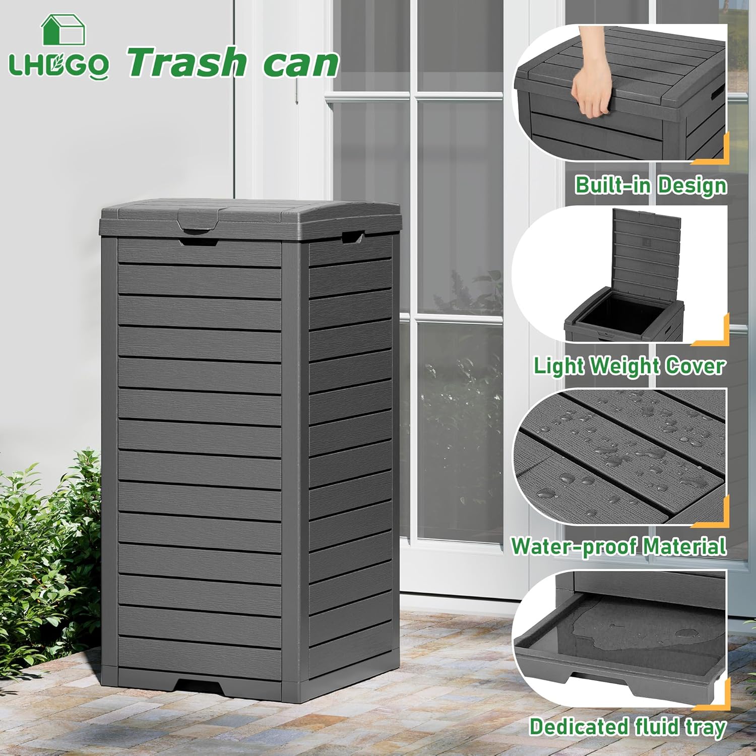 Outdoor Trash Can, 2 Set of 31 Gallon Garbage Can with Tiered Lid and Drip Tray, Waterproof Resin Patio Waste Bin for Garden, Backyard, Deck