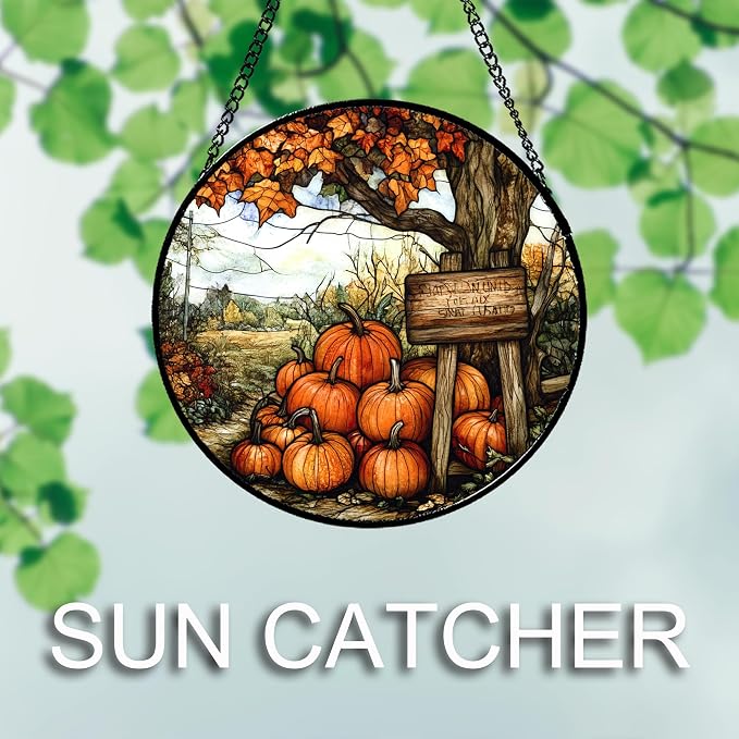 DASTOLL Stained Glass Window Hanging Fall Farm Scenery Maple Trees Pumpkin 7.8" - Image 3
