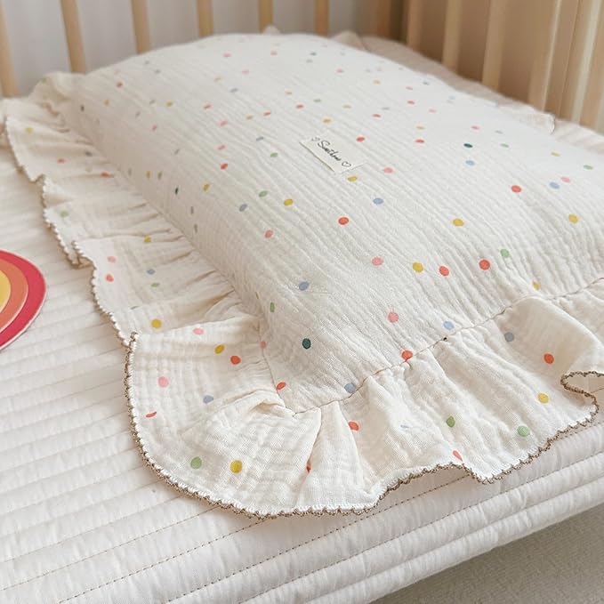 AOJIM Kids Toddler Pillowcase 1 Piece Super Soft Muslin Cotton Bedding Pillowcase with Colorful Beans Pattern, Ruffle Edges Nursery Pillowcase Durable Kids Pillow Cover, Machine Washable 26x20 Inches