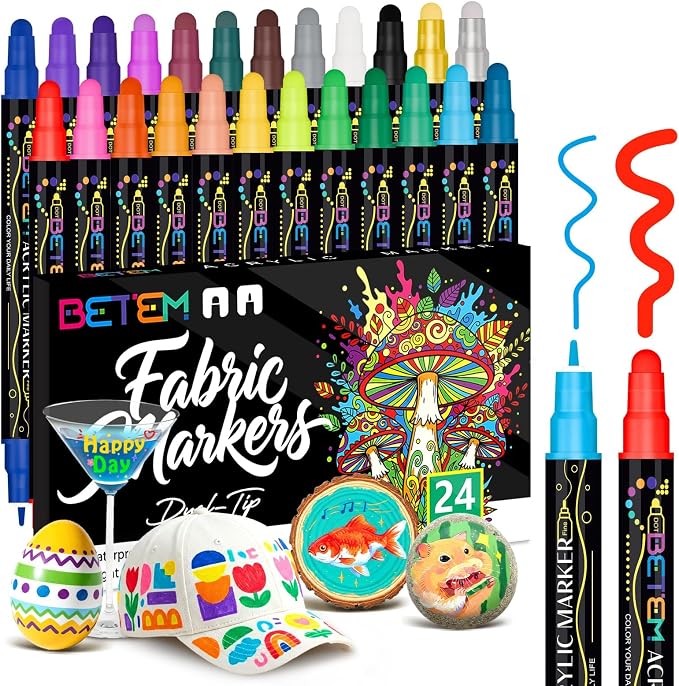 Betem 24 Colors Dual Tip Acrylic Paint Markers, Fabric Decorating Kits Premium by BetemArtWorld