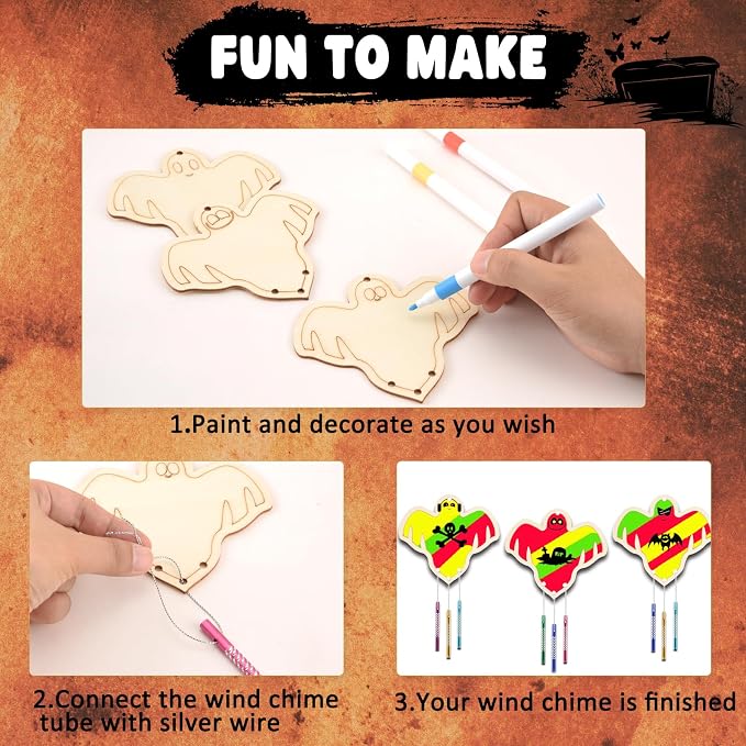 Wooden Ghosts Wind Chime Ornaments Painting Craft, 6 Style Cutouts - Image 2