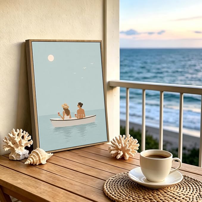 Framed Coastal Women Boat Canvas Wall Art Minimalist Calm Ocean - Image 2