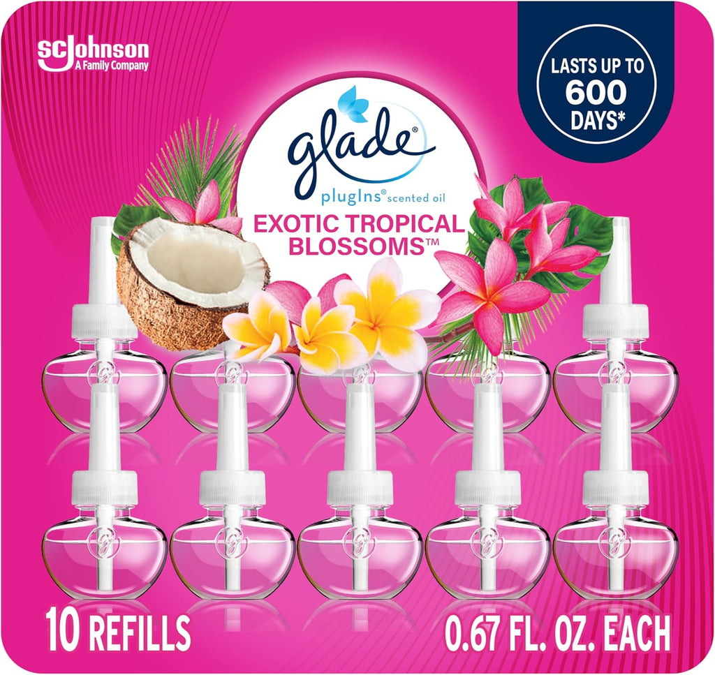 Glade PlugIns Refills Air Freshener, Scented and Essential Oils for Home and Bathroom, Exotic Tropical Blossoms, 6.7 Fl Oz, 10 Count (Packaging May Vary)