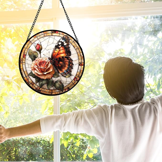 DASTOLL Stained Glass Window Hanging, Butterfly Picking Flowers Suncatcher - Image 3