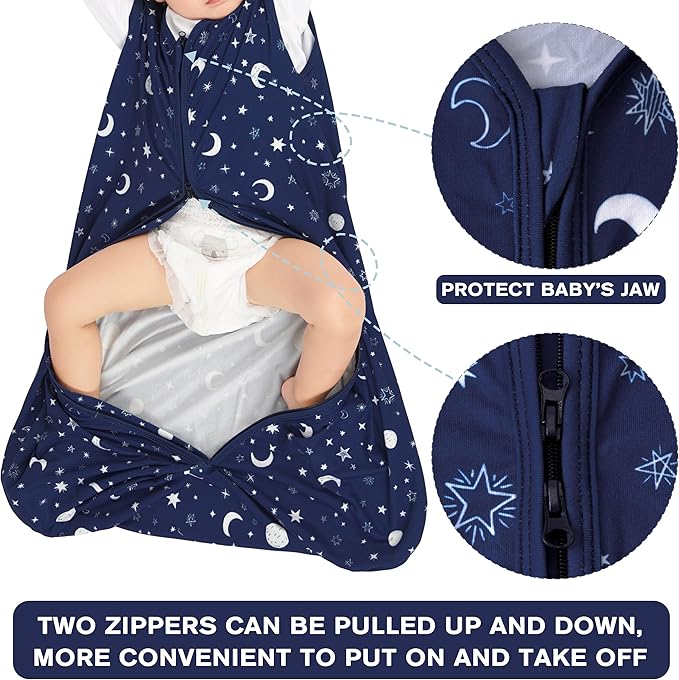 3 Pack Baby Sleep Sack 6-12 Months 100% Rayon Cotton Baby Sleeping Bag 2-Way Zipper Toddler Wearable Blankets Comfy Stretchy Lightweight TOG 0.3 （Purple&Clouds&Starry Sky）