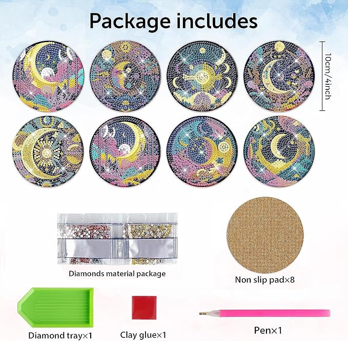 EWJRNSF 8 PCS Diamond Art Coasters Kit, Small Diamond Painting Coasters - Image 2