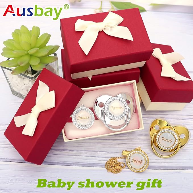 Personalized Pacifier Set with Name, BPA Free, Bling Gold Silver Pink Rose Gold Luxurious Ideal Gift for Newborns (Silvery)