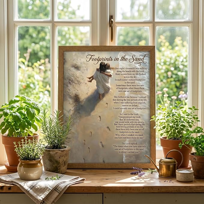 REWBKFIM Footprints In The Sand Christian Canvas Wall Art Inspirational Jesus - Image 4