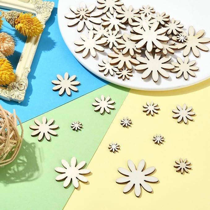 300 pcs 6 Styles Daisy Flower Theme Unfinished Wood Cutout Charms Cute Spring - Image 6