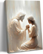 Framed Jesus and Praying Woman Canvas Wall Art -, Divine Mercy Savior Painting by Unknown