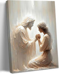 Framed Jesus and Praying Woman Canvas Wall Art -, Divine Mercy Savior Painting by Unknown