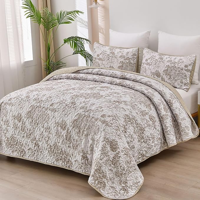 WONGS BEDDING Botanical Quilt Set Full Size, 3 Pieces Khaki Toile Floral Plants by WONGSBEDDING
