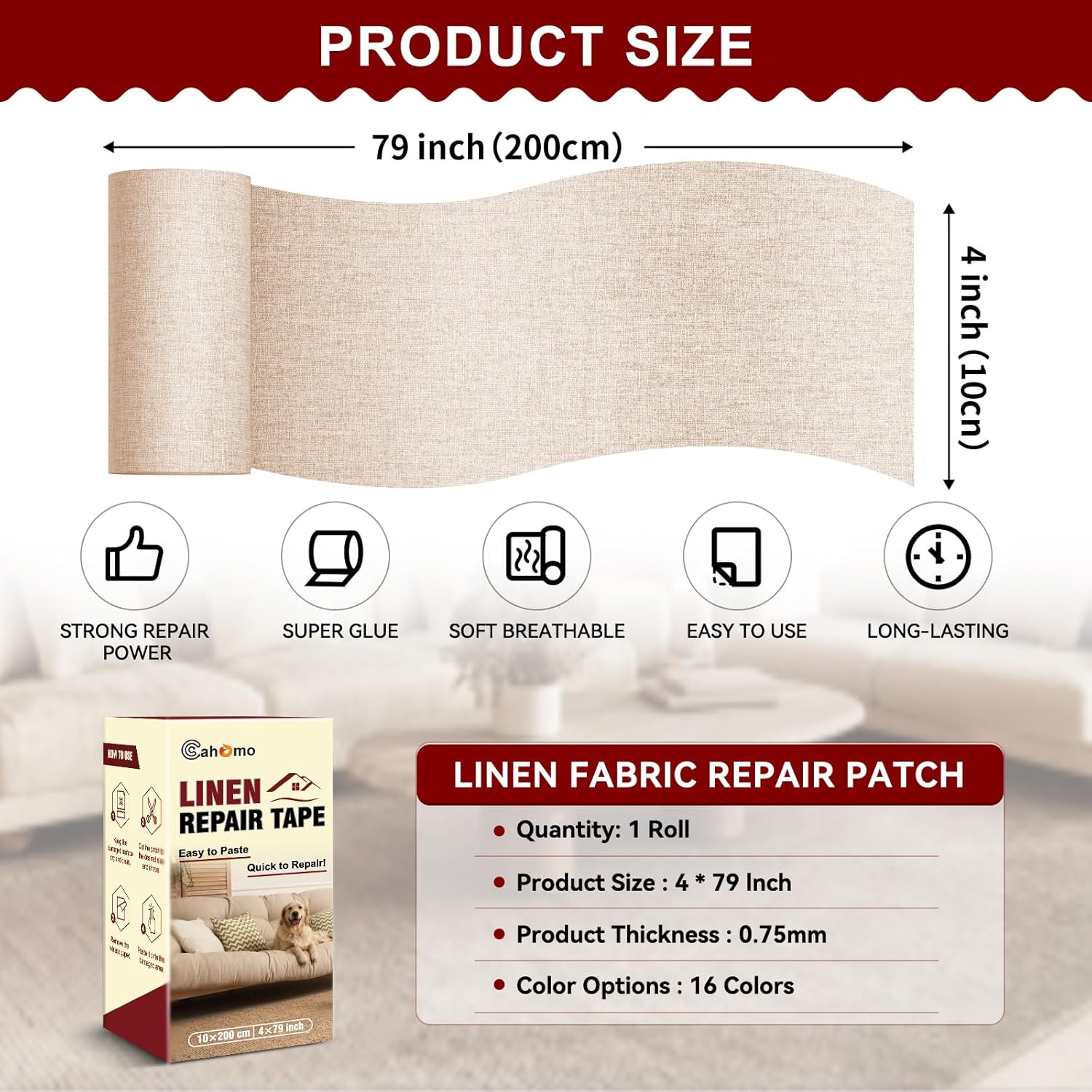 Linen Repair Tape 4x79 inch, Self Adhesive Fabric Patches, Linen Patch Tape Kit, Fabric Repair Tape for Couch Sofas, Headboards, Chairs, Pillows, Curtains, Couches - Dark Beige