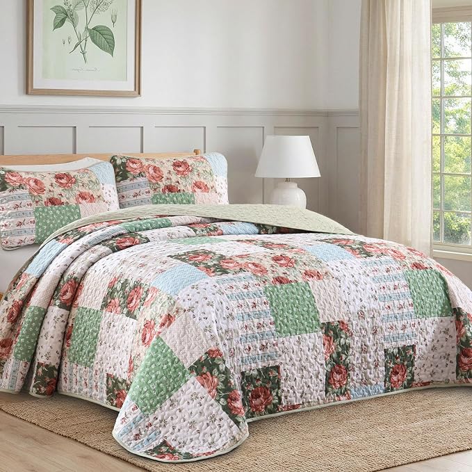 Anibedding Green Patchwork Quilt Set King Size, Bohemian Red Flower Green Plaid - Image 2