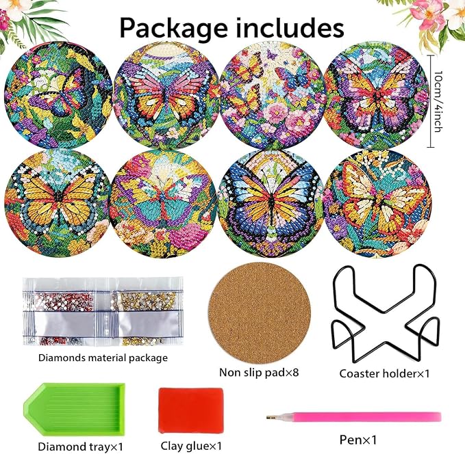 8 Pack Diamond Art Coasters, Butterfly Diamond Painting Coasters Kits | - Image 2