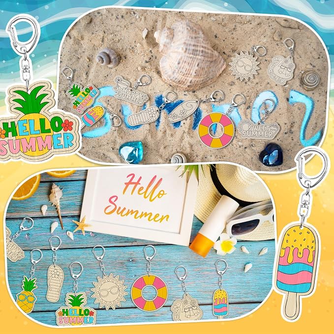 RattanView 24 Pcs Summer Party Craft Color Your Own Keychains Diy Craft Wooden - Image 5