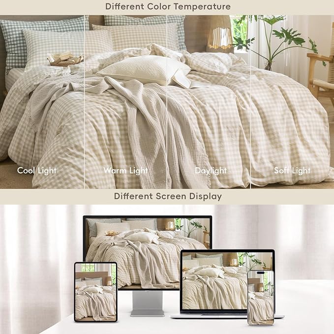 MooMee Gingham Duvet Cover Set 100% Washed Cotton Linen Like Textured - Image 7