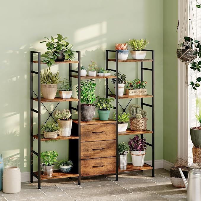 AFLUI Triple Bookshelf with 3 Fabric Drawers, 4-Tier Book Shelf and 10 Display - Image 9