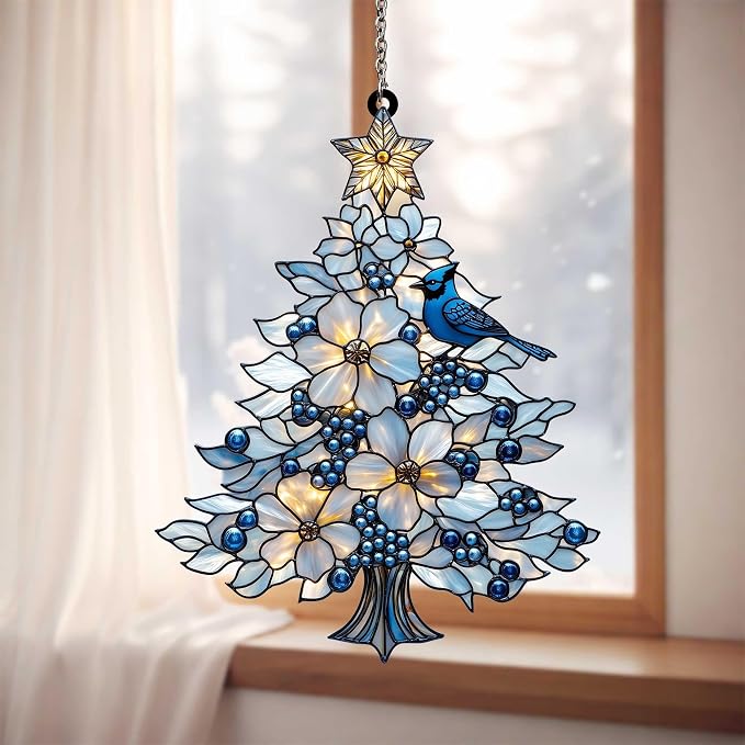 Blue Jay Christmas Tree Acrylic Suncatcher, Faux Stained Glass Indoor Window by Unknown