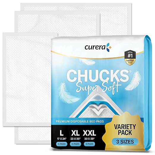 Chucks Super Soft Variety Pack - 3 Sizes - 15 Disposable Underpads - The Right Size for Every Need - (17X24", 23X36", 30X36") - Sample Our Range of Sizes or Pack Them for Your Trip