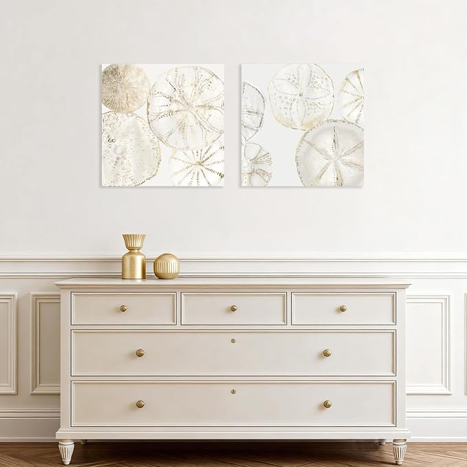 2 Pieces Coastal Wall Art Sea Shell Sand Dollar Painting Modern Abstract Gold - Image 4