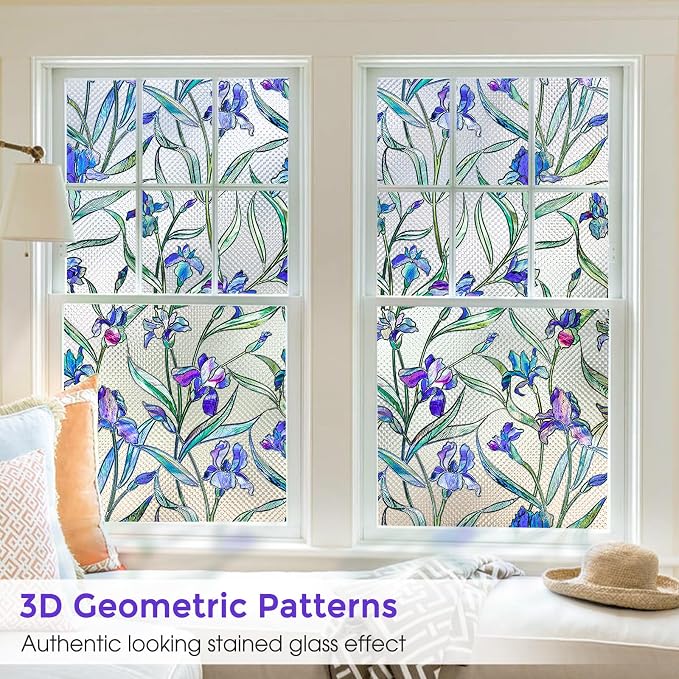 Windimiley Stained Glass Window Privacy Film: 3D Violet Floral Decorative - Image 2