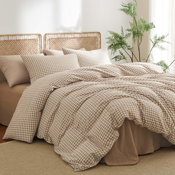 Nayoroom Gingham Duvet Cover Full Size 100% Washed Cotton Brown Tan Plaid - Image 3