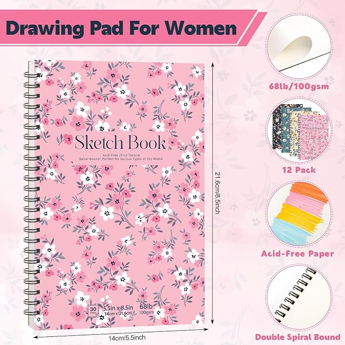 12 Pack Sketch Book, 5.5 x 8.5 Inch Sketchbook, 68lb/100gsm Top Spiral Bound - Image 2