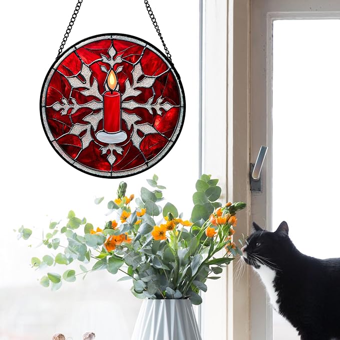 DASTOLL Stained Glass Window Hanging 4 Pcs Set Red Christmas Decorations Theme - Image 4