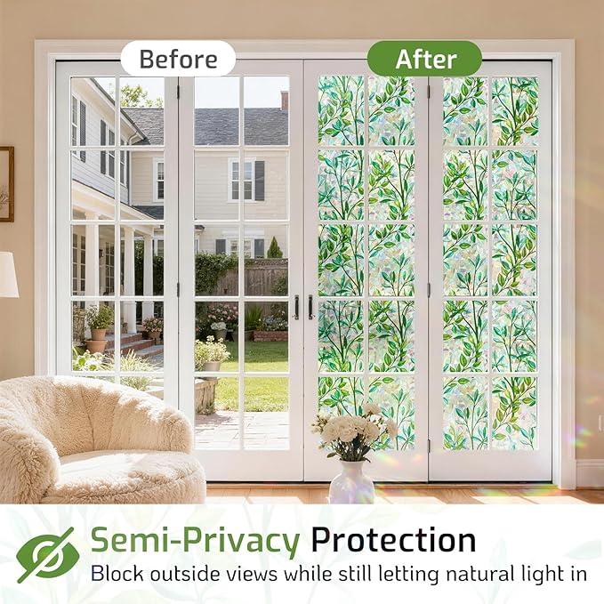 LUTE Stained Glass Window Privacy Film, Leaf Rainbow, 17.5" X 157.4" | No Glue - Image 4