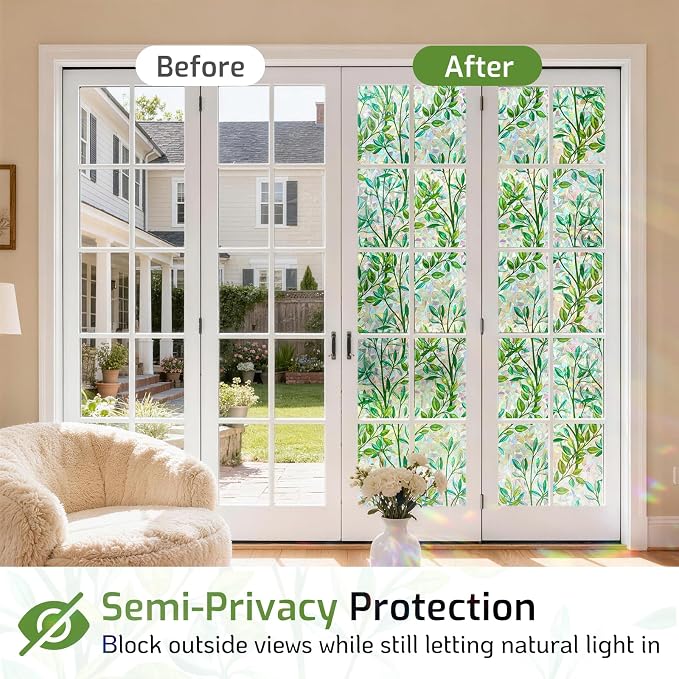 LUTE Stained Glass Window Privacy Film, Leaf Rainbow, 35.4" X 78.7" | No Glue - Image 4