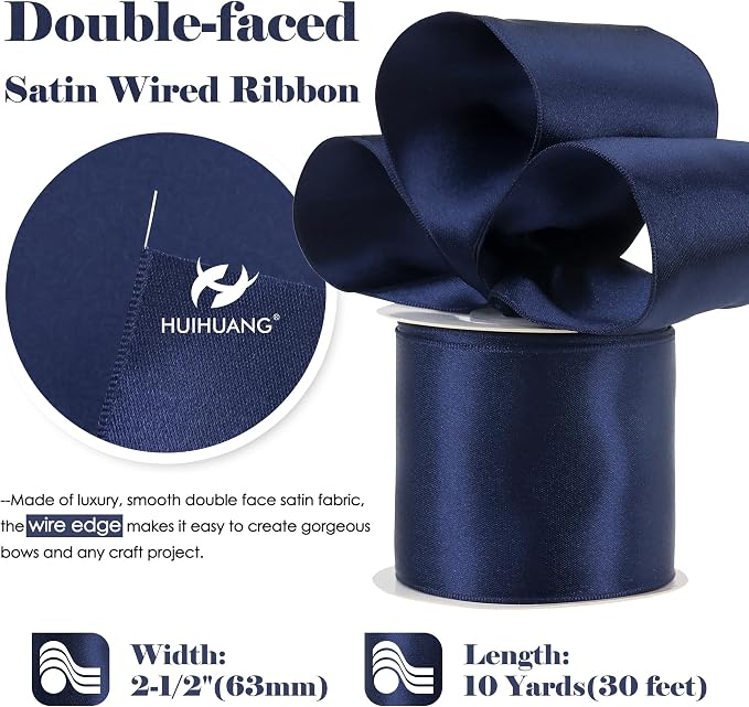 HUIHUANG Navy Blue Satin Wired Ribbon 2.5 inch Navy Wire Edge Christmas Ribbon - Image 2
