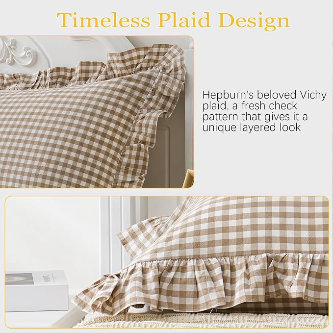 Taupe/White Plaid Euro Pillow Shams Ruffle Pillowcases Set of 2, Shabby - Image 5