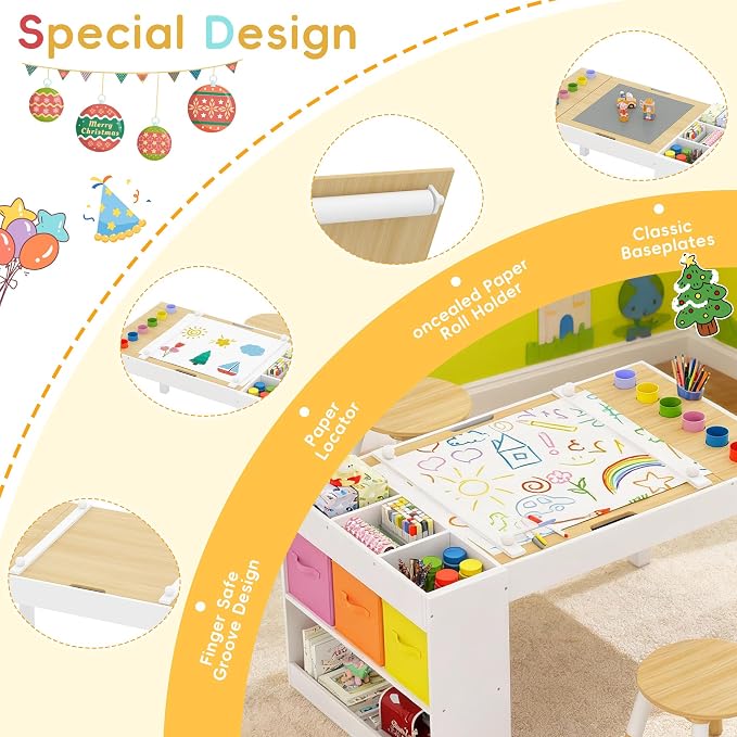 Kids Art Table and 2 Chairs Set, Wooden Craft Desk - Image 8